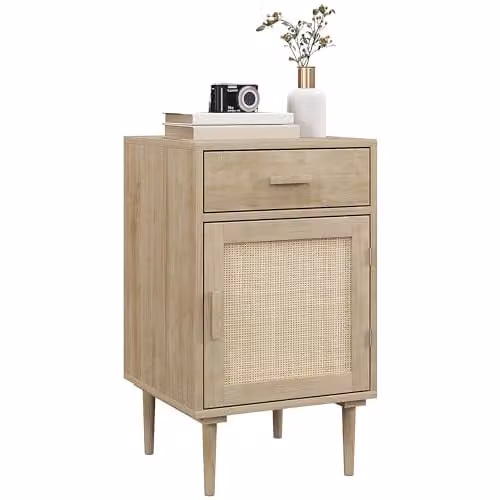HOMCOM Boho Bedside Table with Rattan Drawer and Cabinet in Natural, W: 40 cm, D: 40 cm, H: 68.5 cm