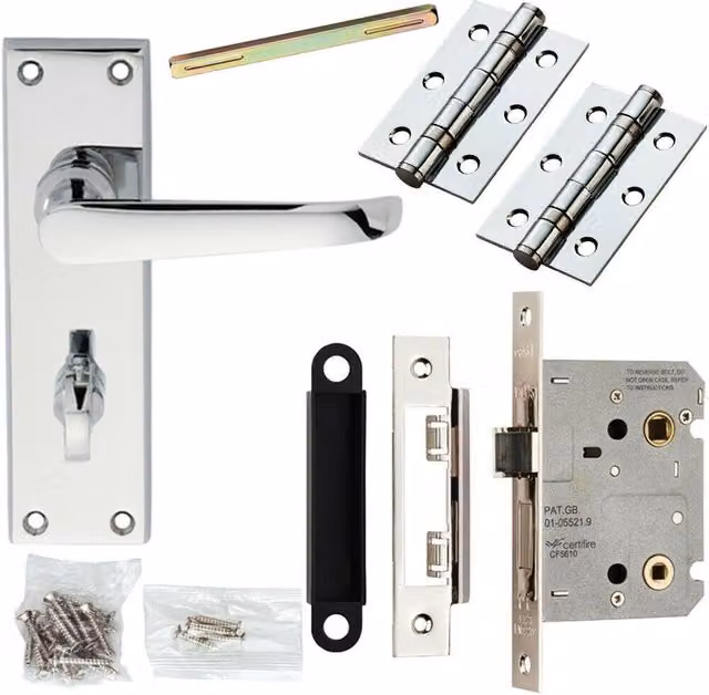 Loops Victorian Straight Door Handle and Bathroom Lock Pack in Chrome, Backplate W: 150 mm x H: 42 mm