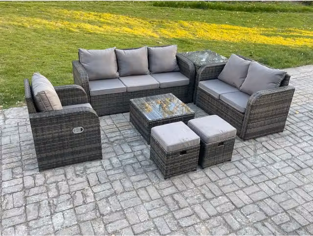 Fimous 7-Piece Rattan Patio Set in Grey with 3-Seater Sofa, Reclining Chair, Ottoman and Coffee Table