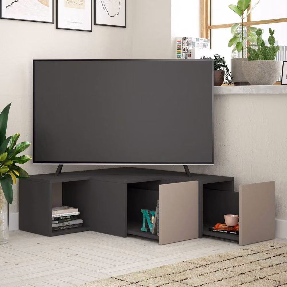 CALICOSY Corner TV Unit with 2 Drawers and 1 Shelf in Grey, Width: 90 cm – 2