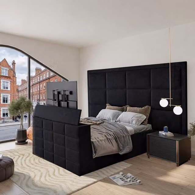 KDMD Alwoodley Black Velvet Upholstered Television Bed Frame with Drawers, Super King, W/D/H: 200 x 200 cm