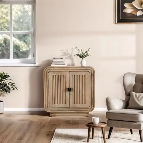 Indian Hub Hudson Carved Mini Sideboard in Brown Mango Wood, W: 63 cm, D: 40 cm, H: 63 cm – 2