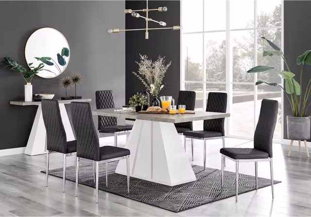 FurnitureboxUK Athens Grey Concrete Dining Table and 6 Milan Chrome Leg Chairs in Black