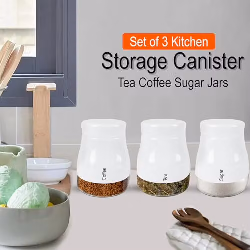 ATEK Set of 3 Airtight Glass Kitchen Storage Canisters with White Screw Lids for Tea, Coffee and Sugar – 2