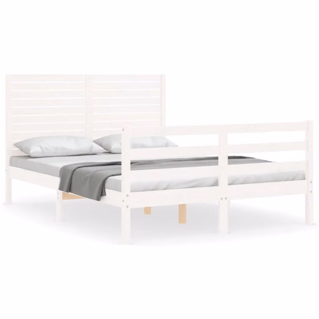 Berkfield Home Small Double Bed Frame with Headboard in White Solid Pine Wood, W/D/H: 120 x 200 cm – 2
