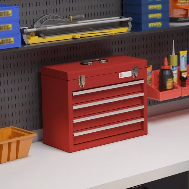 DURHAND Lockable Metal Tool Chest with Handle and Latch, Red, W: 39.5 cm, D: 22 cm, H: 22 cm