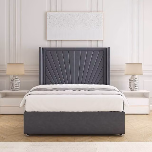 BSSPOKE Alina Divan Bed Set with Headboard and Mattress in Charcoal Grey Plush Velvet, W/D/H: 140 x 200 cm