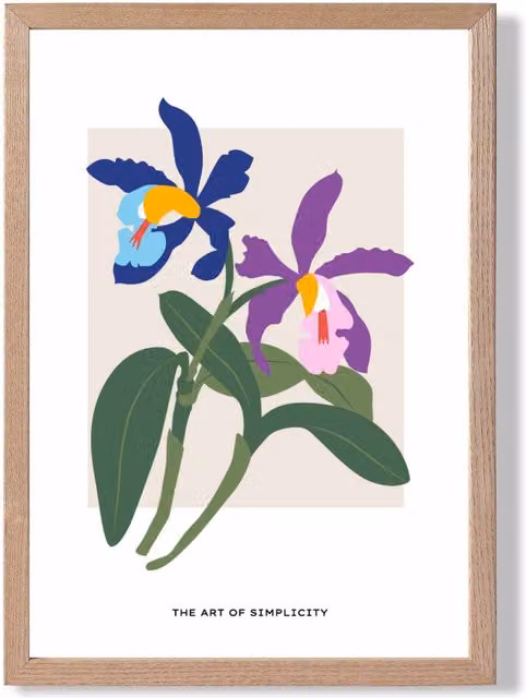 ARTZE Blue and Purple Irises Flower Market Simplicity Framed Print with Oak Frame in Mid Blue