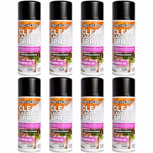 Pro-Kleen Clear Gloss Lacquer Spray, 8 x 400ml, Weatherproof and Scratch Resistant Synthetic Resin Formula for Interior and Exterior Surfaces – 1