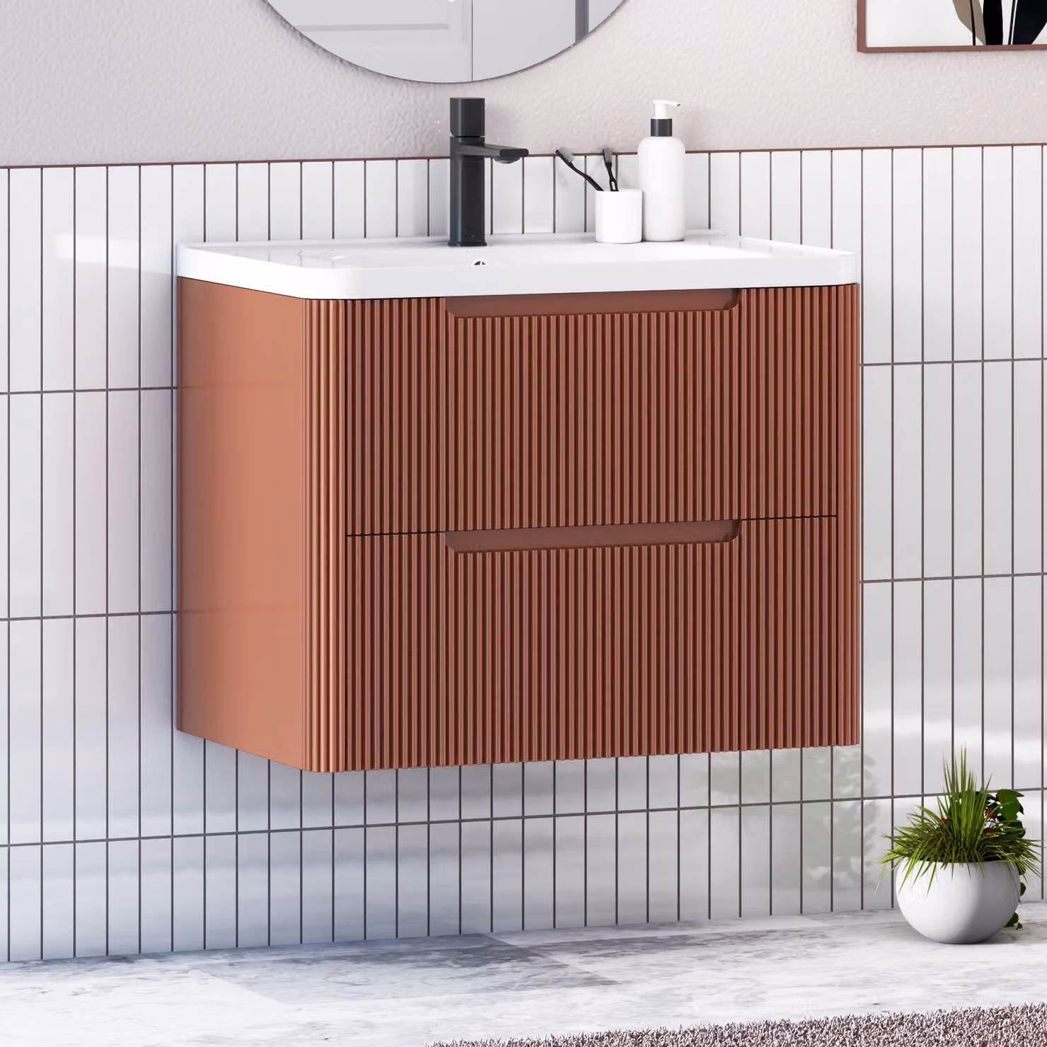 Royal Bathrooms Avenza Wall Hung 2 Drawer Vanity Unit with Ceramic Basin in Terracotta Matt Finish