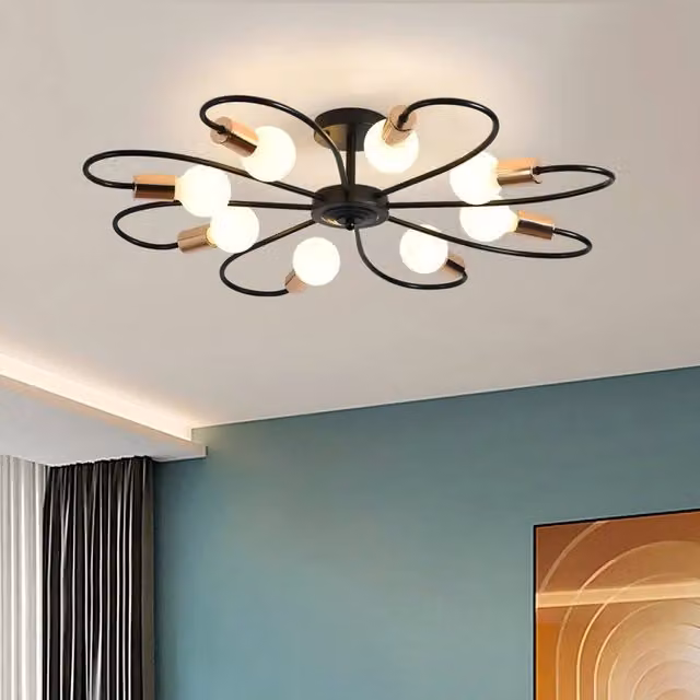 NIVOR 8-Light Industrial Mid Century Flush Mount Ceiling Chandelier in Black