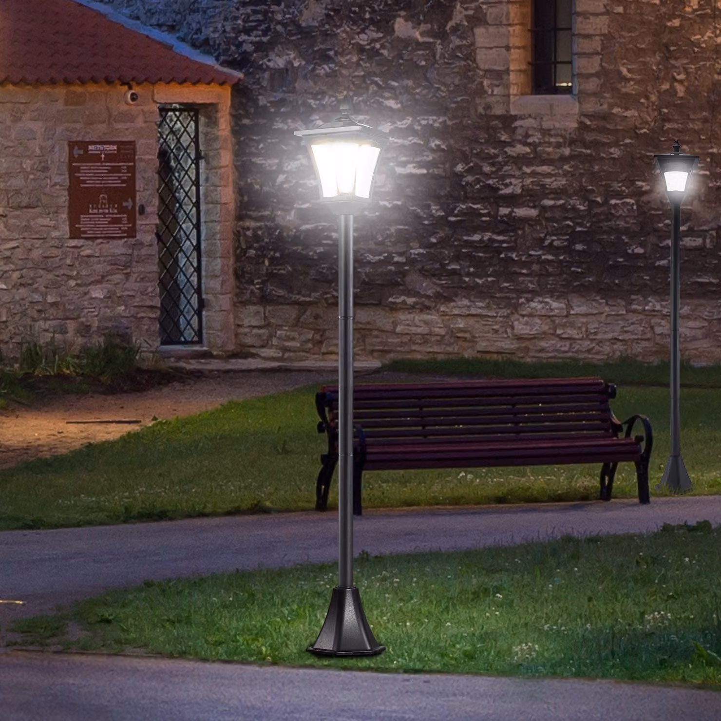 Outsunny 2 Piece Solar LED Garden Post Lamp Set, Black Dimmable Bollard Lanterns with Dusk Sensor – 2