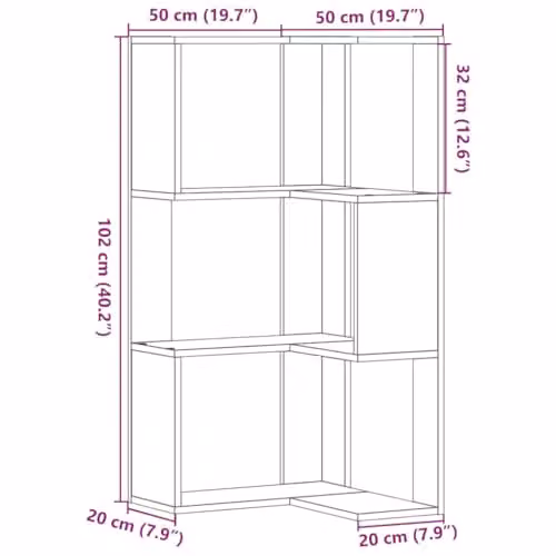 vidaXL 3-Tier Corner Bookcase in Brown Old Wood, W/D/H: 50 x 50 x 102 cm – 3