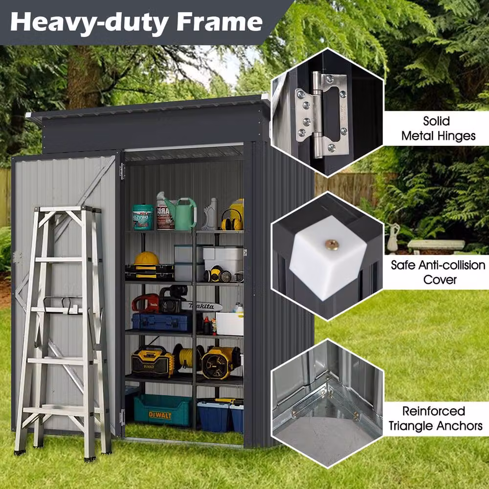 Gymax Pent Storage Shed and Tool House with Sloping Design in Dark Grey, Galvanised Steel Metal Frame – 7