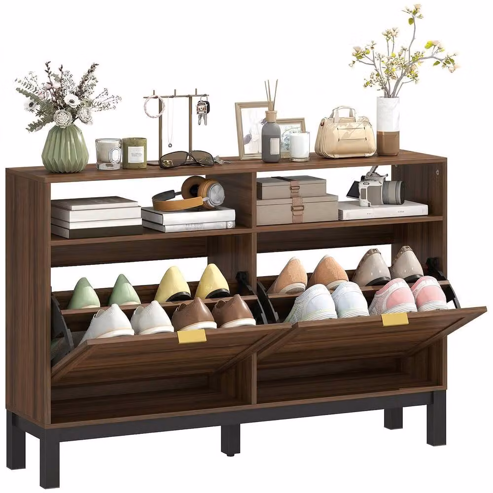 STILVORA Modern Shoe Cabinet in Brown with Tilting Compartments and Open Shelves – 3