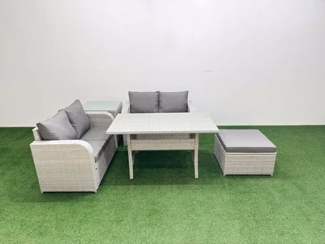 Fimous 5 Seater Rattan Garden Furniture Set with Rectangular Dining Table, Big Footstool and Side Table in Light Grey