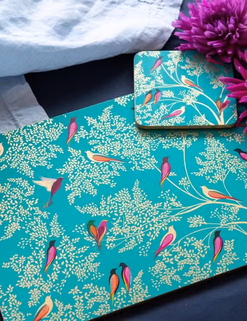 Sara Miller Set of 4 Green Floral Rectangular Bird Placemats