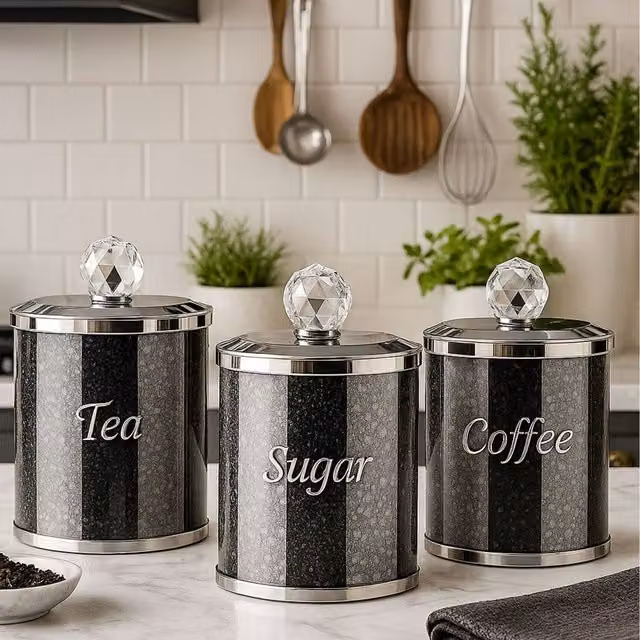 Smartbies Airtight and Leakproof Black and Silver Solid Crystal Tea, Coffee and Sugar Canister Set