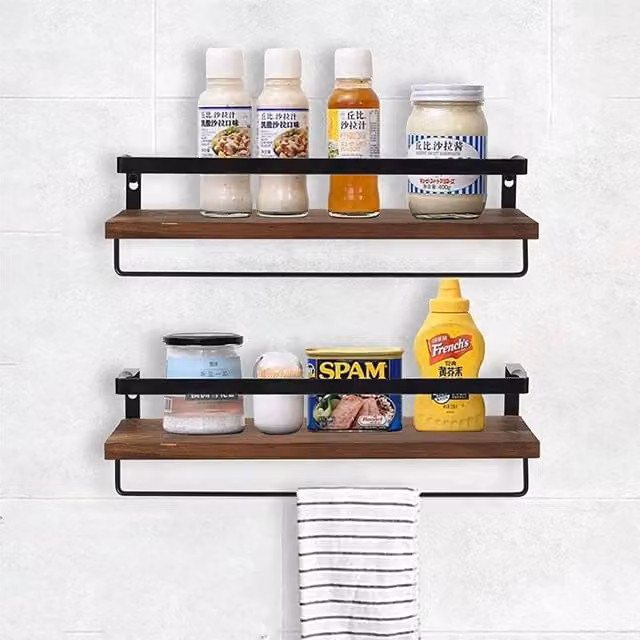 ERGOVEXA Wall Mounted Wood Kitchen and Bathroom Organising Rack with Hanging Rod in Brown and Multicolour – 1