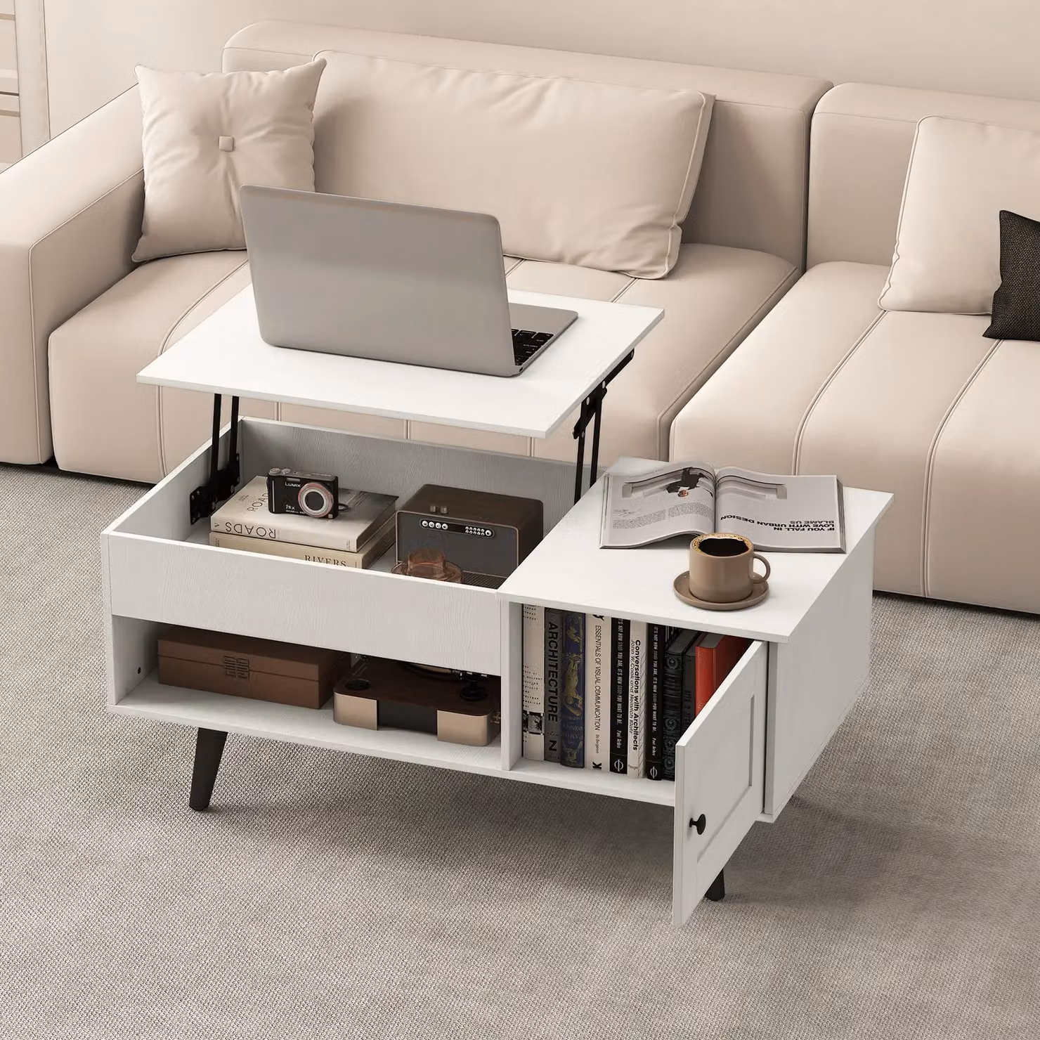 Costway Modern Rectangular Lift Top Coffee Table with Storage in White – 3