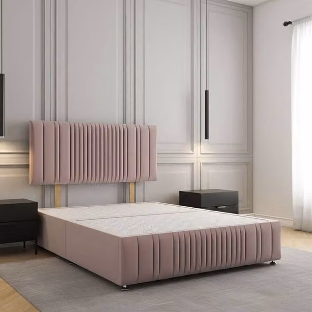 Regional Furnishings Super King Plush Velvet Divan Bed with 24 inch Headboard and Footboard in Pink, W: 200 cm x D: 200 cm