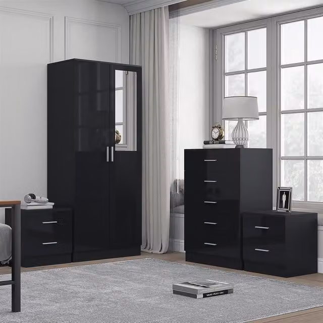 REFLECT Bedroom Furniture Bundle featuring 2-Door Mirror Wardrobe, Chest of Drawers and 2 Bedside Tables in Black Gloss and Matt Black