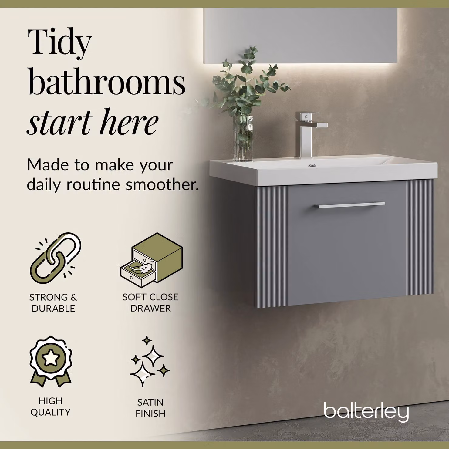 Balterley Wall Hung 1 Drawer Vanity Unit with Thin-Edge Basin, Satin Grey, W: 60 cm, D: 37.7 cm, H: 60 cm – 2