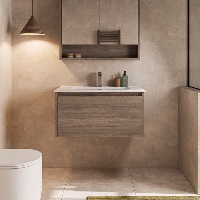 Banyetti Mino Wall Hung Vanity Unit with Athena Basin, Nebraska Oak, Brown