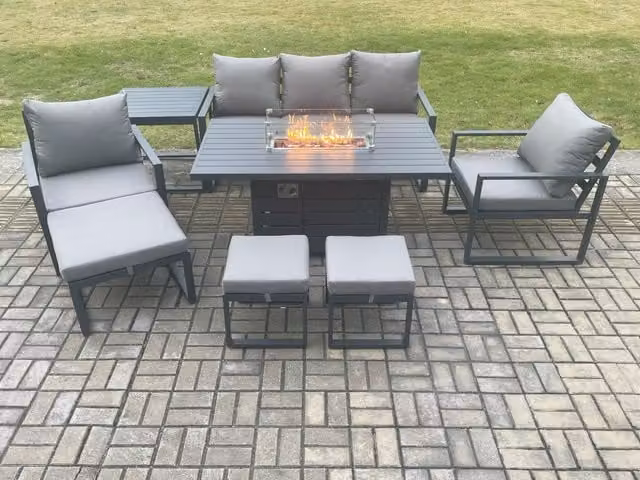 Fimous Aluminium Outdoor Garden Furniture Set in Dark Grey with Gas Fire Pit Dining Table, Side Table and 3 Footstools