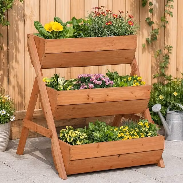 STILVORA 3 Tier Wooden Raised Garden Bed in Brown, W/D/H: 76 x 65 x 23 cm