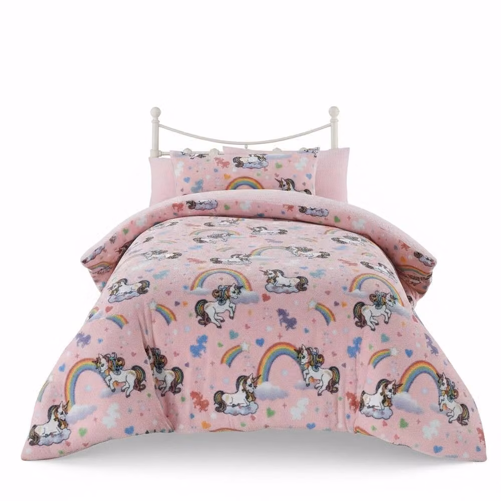 Snug City Unicorn Kids Teddy Fleece Duvet Cover and Pillowcase Set, Pink, W: 140 cm, L: 200 cm – 2