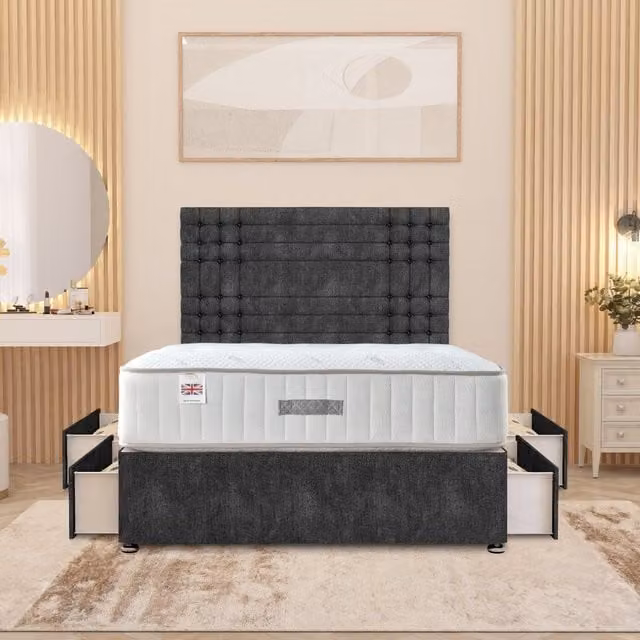 Somnior Beds Ltd Saville Tweed Fabric Divan Bed Set with Headboard and 4 Drawers, Anthracite Grey, W/D/H: 140 x 200 cm