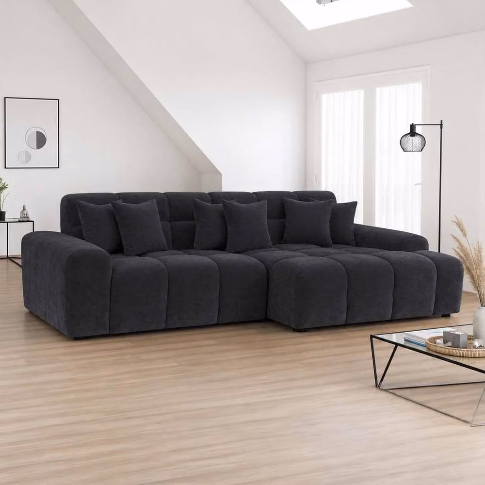 Furnishings For Less UK Jenson Black Right Hand Facing Plush Velvet Corner Sofa with Chaise and Scatter Cushions – 2