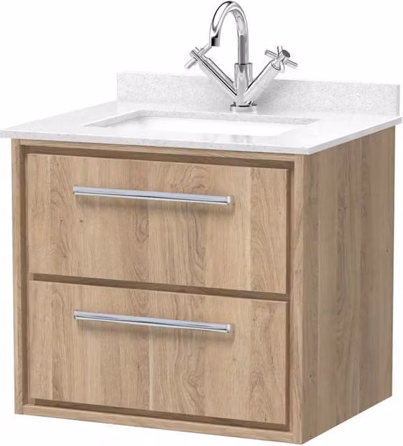 Balterley Longnor 2 Drawer Unit with Square Basin and Marble in Light Oak and Brown, Width: 60 cm