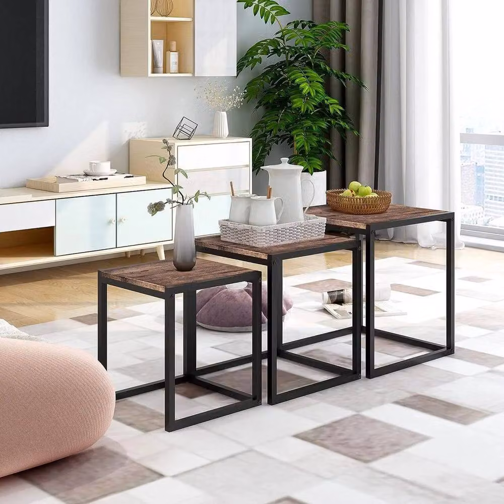 KORVIXA Industrial Nesting Side End Table Set in Brown – 3