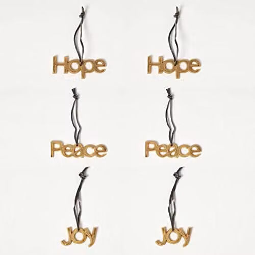 Homescapes Set of 3 Gold Metal Christmas Hanging Ornaments with Lettering