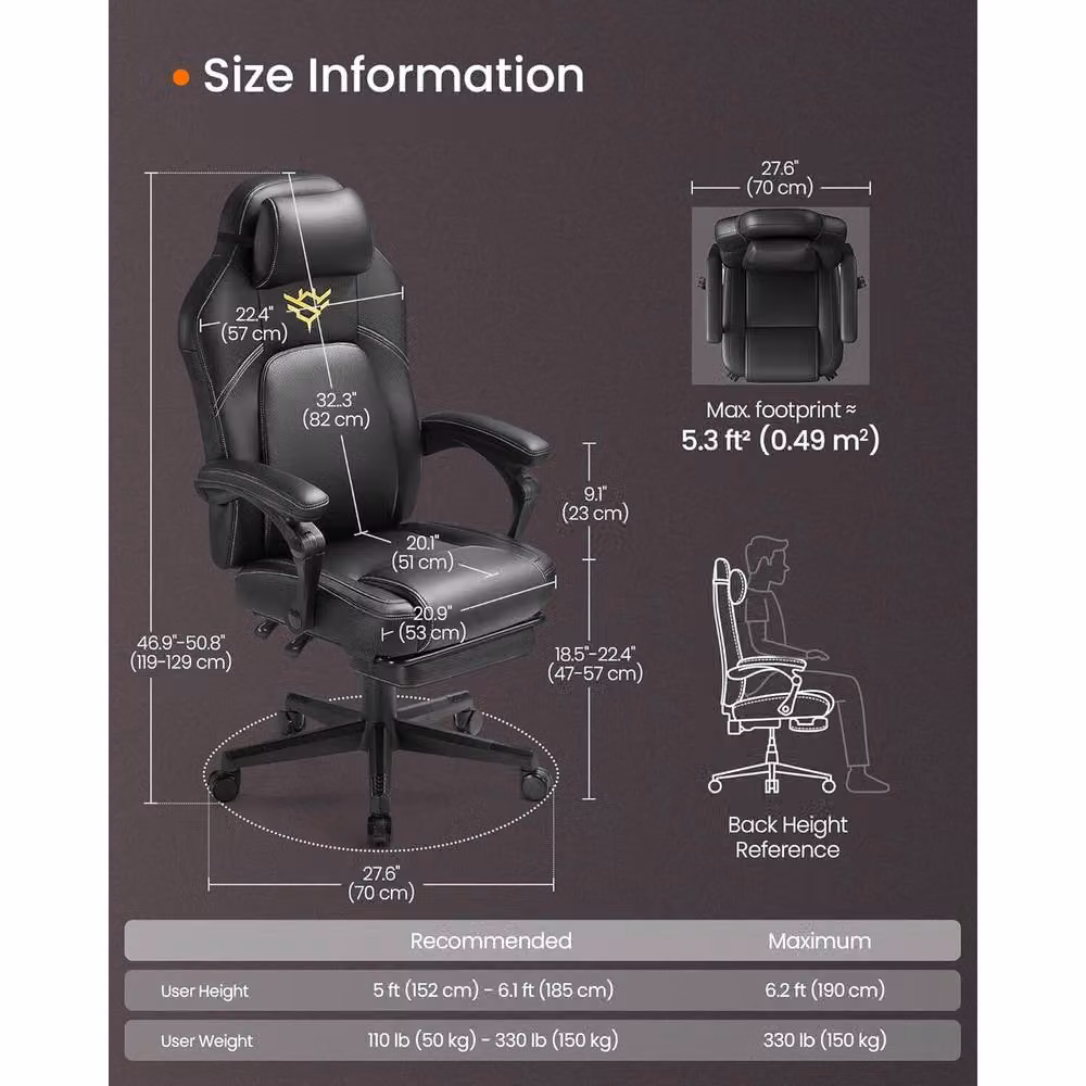 The Bazaarist Ergonomic Gaming Chair with Headrest and Armrests in Black Synthetic Leather – 3