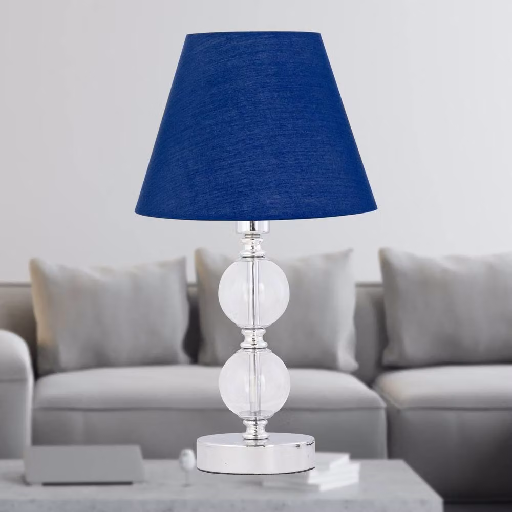 First Choice Lighting Set of 2 Chrome Two Ball Table Lamps with Navy Blue Fabric Shades – 3