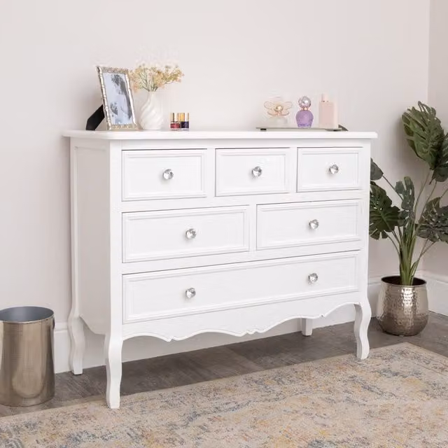 Melody Maison Victoria Range Large White 6 Drawer Wooden Chest of Drawers