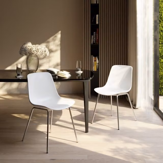 Tectake Set of 2 Modern Dining Chairs in White Fabric and Metal