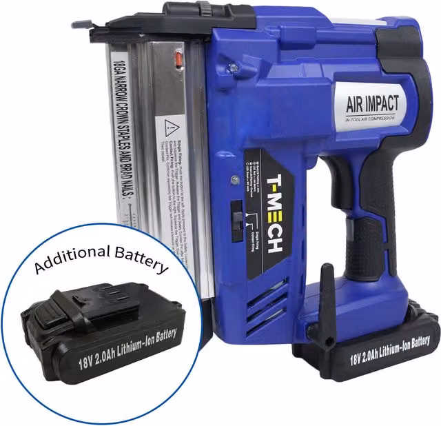 T Mech 2 in 1 Cordless Heavy Duty Nail and Staple Gun with Additional Battery, Blue and Black