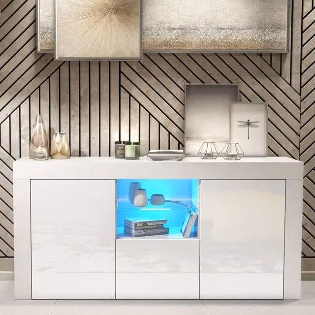 Creative Furniture Aurora Sideboard in White with Glossy Doors and LED Lights, W: 145 cm, H: 70 cm, D: 35 cm