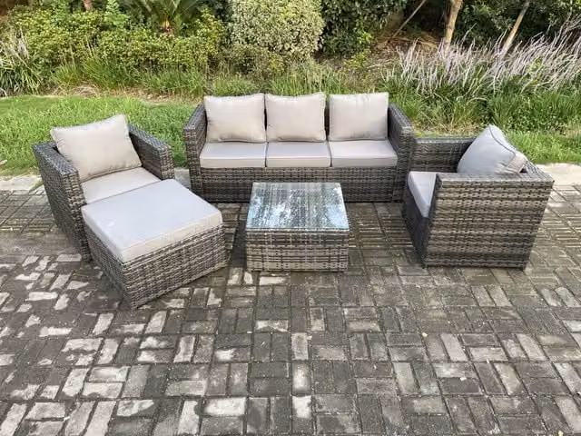 Fimous Rattan Garden Furniture Set in Dark Grey with 3-Seater Sofa, 2 Armchairs, Coffee Table and Ottoman