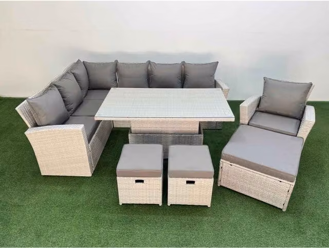 Fimous 10-Seat Rattan Corner Sofa Set in Light Grey with Dark Grey Fabric Cushions