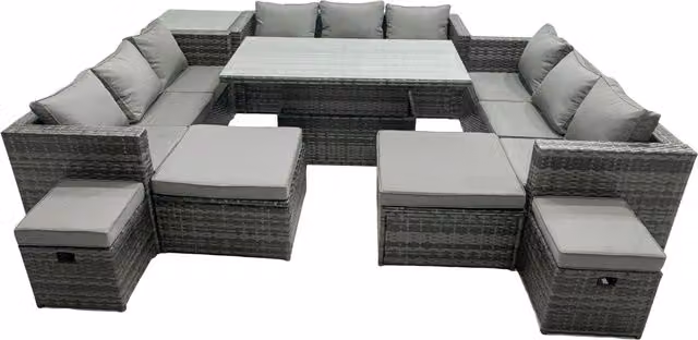 Fimous 13-Seat Rattan Outdoor Dining Set with Sofa, Side Table and 4 Stools in Dark Grey – 1