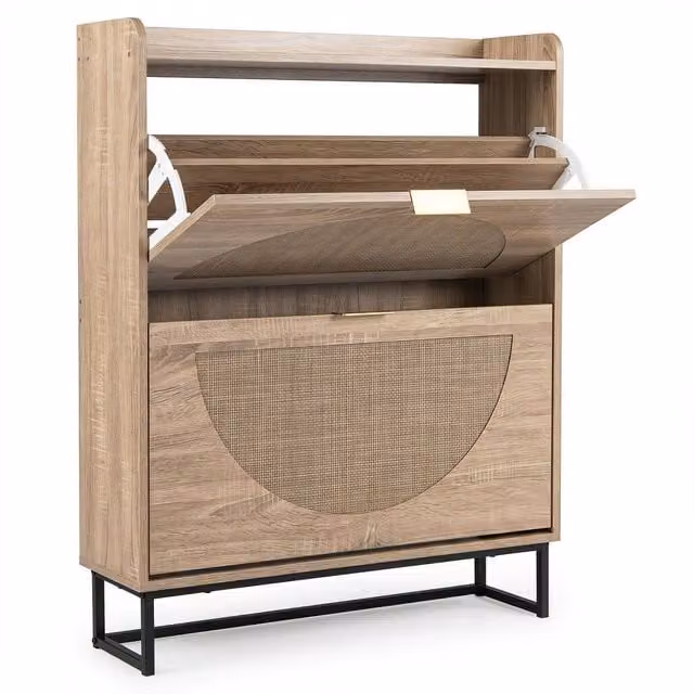 Gymax Modern Rattan Shoe Storage Cabinet in Beige and Brown with Tilting Compartments and Internal Shelves – 1