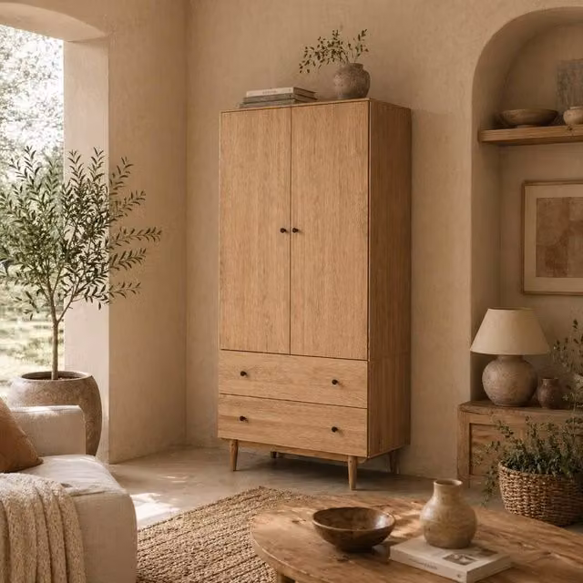 Wyld Haus Coramar Natural Wood 2 Door Wardrobe with Hanging Rail and 2 Internal Drawers, H 180 x W 80 x D 52 cm – 1