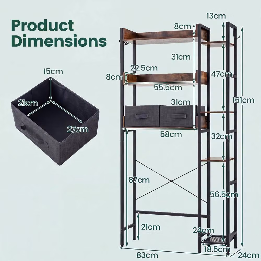 Costway 7 Tier Over the Toilet Storage Rack with 2 Drawers in Brown – 2