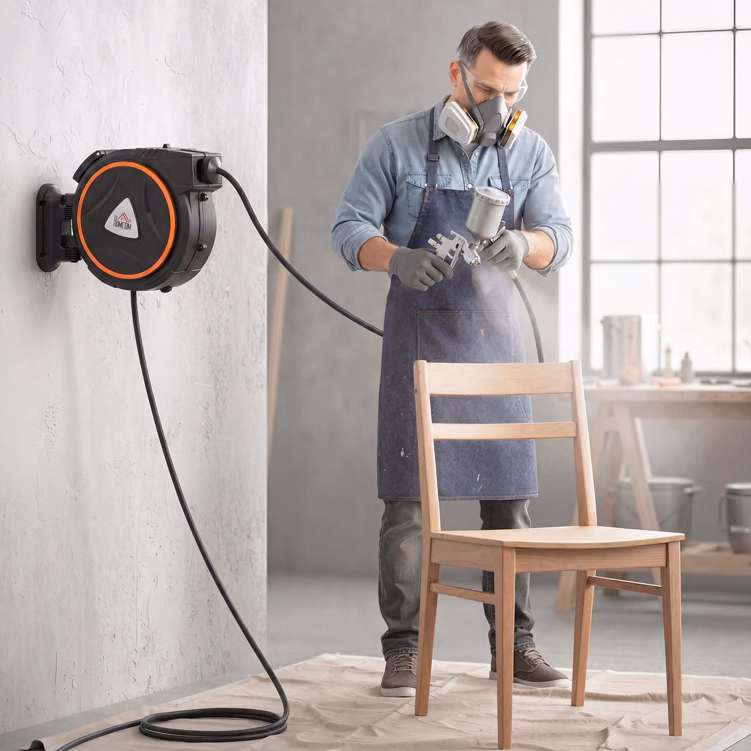 HOMCOM Black Retractable Auto Rewind Air Hose Reel with 1/4 inch BSPT Connector – 8