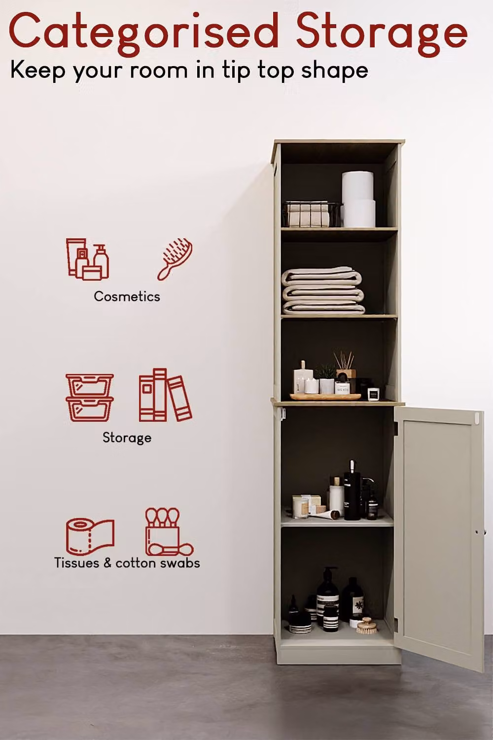 HD Designs Priano Tall Storage Cabinet in Grey with 3 Open Shelves and 2-Tier Hinged Door Storage – 3
